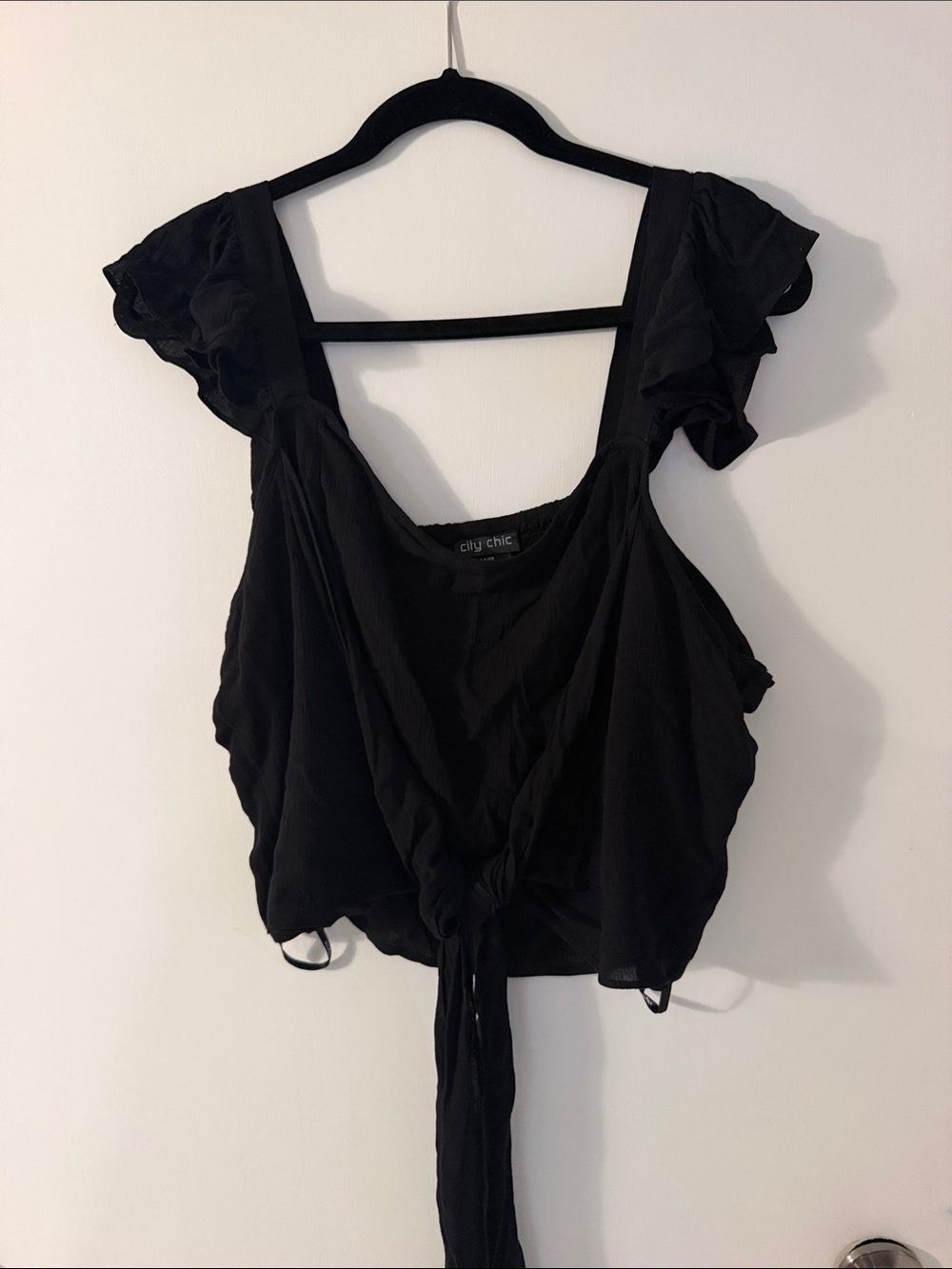 City Chic Black Tie-Front Ruffle Sleeve Crop Top